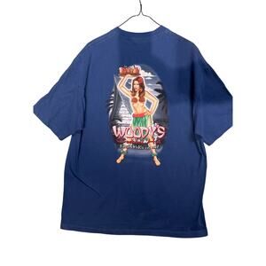 Vintage Woody Longboards Shirt XL Blue Hawaii Cocktail Hut Graphic Surf Tee 90s